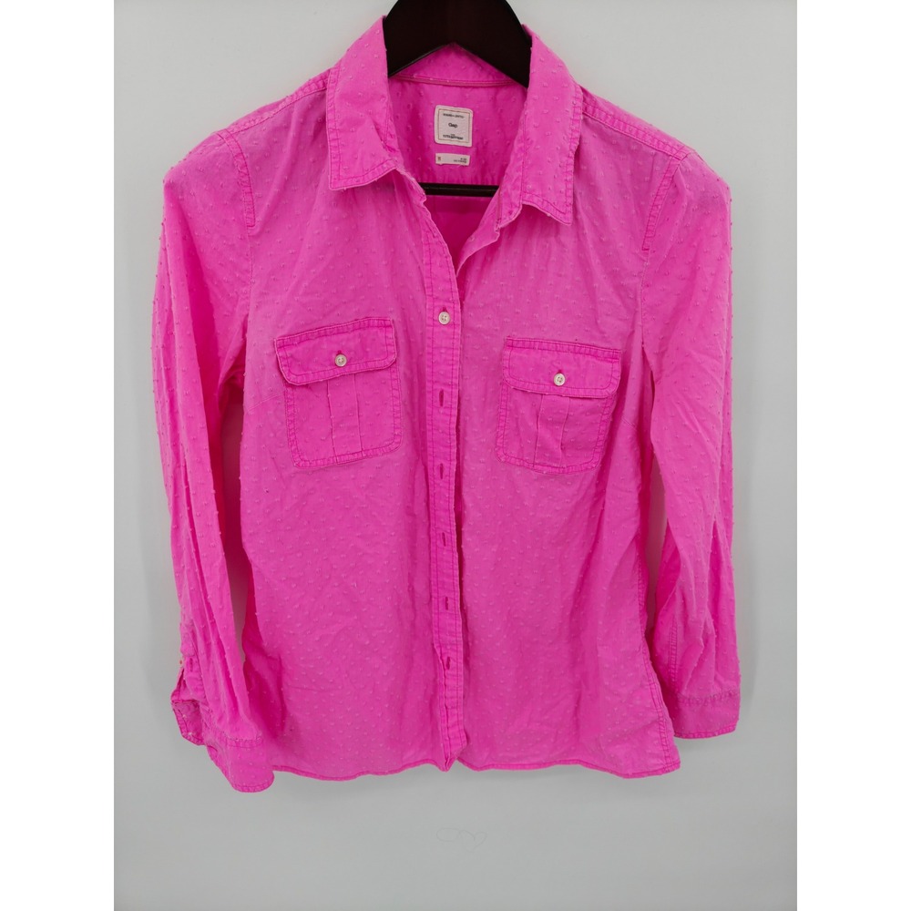 Gap The Fitted Boyfriend Pink Swiss Dot Button Down Shirt Long Sleeve Womens S